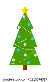 Christmas green tree with blue balls. Winter holiday celebration. Tree decoration with blue star. Isolated flat vector illustration