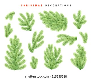Christmas green tree branches isolated realistic. Christmas decorations design element