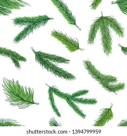 Christmas green tree branches pattern, decorative ornament. Vector flat style cartoon illustration isolated on white background
