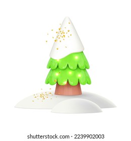 Christmas green tree with confetti in snow. Winter pine icon. 3d render design elements. Vector cartoon illustration.