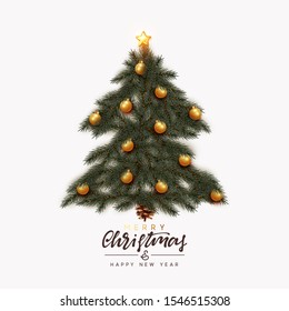 Christmas green tree decorated with golden round balls and Xmas bauble. gold star, pine cone. Handwritten calligraphic lettering Merry Christmas and Happy New Year. Holiday Greeting Card Design
