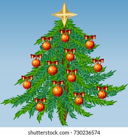 Christmas green tree decorated with red balls, bows, star on a blue background