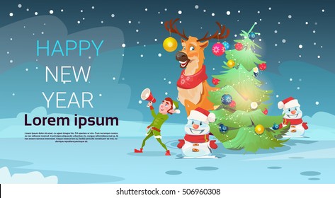 Christmas Green Tree Elf Reindeer Snowman Greeting Card Decoration Happy New Year Banner Flat Vector Illustration