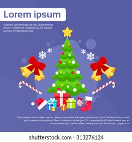 Christmas Green Tree With Gift Box Greeting Card Decoration Happy New Year Banner Flat Vector Illustration