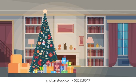 Christmas Green Tree With Gift Box House Interior Decoration Happy New Year Banner Flat Vector Illustration