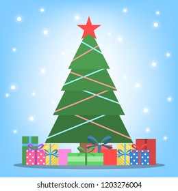 Christmas green tree with gift boxes around. Winter holiday celebration. Tree decoration with red star and garland. Isolated flat vector illustration