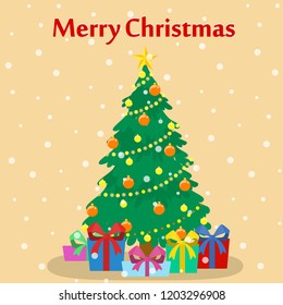 Christmas green tree with gift boxes around. Winter holiday celebration. Tree decoration with red star and garland. Isolated flat vector illustration