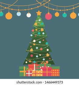 Christmas green tree with gift boxes around. flat illustration