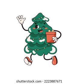 Christmas green tree with happy smiling face, gift, isolated on white background. Christmas tree happily waves his hand in greeting. Groovy retro Christmas vector illustration. Holly jolly vibes. 