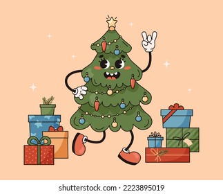 Christmas green tree with happy smiling face, stars. Christmas gifts. Rock symbol, hand gesture. Groovy retro Christmas vector illustration. Holly jolly vibes. Trendy cartoon style.