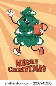 Christmas green tree with happy smiling face, gift. Banner, poster. Christmas tree happily waves his hand in greeting. Groovy retro Christmas vector illustration. Holly jolly vibes. 