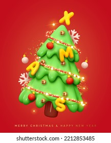 Christmas green tree with letter Xmas. Holiday background Merry Christmas and Happy New Year. Realistic 3d design of objects, Bright light garlands, bauble ball. Greeting card. Vector illustration