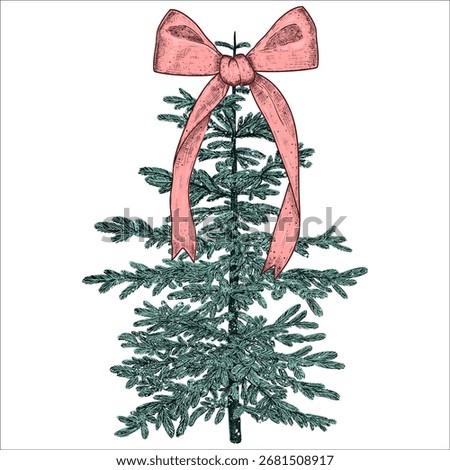 Christmas green tree with pink bow. Christmas design element. Hand drawn vector illustration.