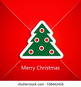 Christmas green tree with red Christmas decorations on a red background. Red envelope sealed with a sticker Christmas Tree.