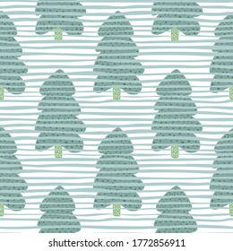 Christmas green tree seamless pattern with white background and blue stripe. For fabric design, textile print, wrapping, cover. Vector illustration.