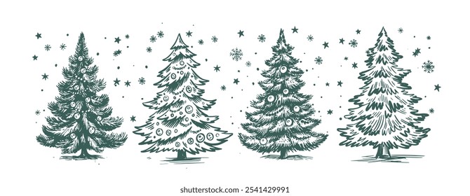 Christmas green tree set on white, hand drawn illustration