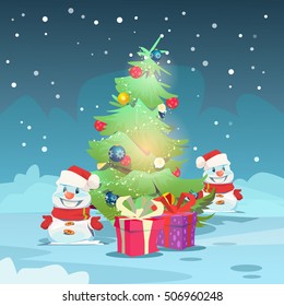 Christmas Green Tree Snowman Greeting Card Decoration Happy New Year Banner Flat Vector Illustration