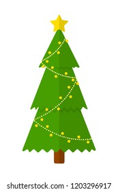 Christmas green tree with yellow garland. Winter holiday celebration. Tree decoration with golden star. Isolated flat vector illustration