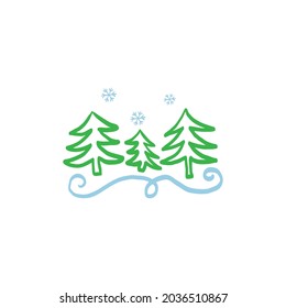 Christmas green trees and blue snowflakes.Blue ribbon with curls. Doodle sketch line style, hand drawing, minimalism. Isolated object on a white background.Colored curve outline.Vector illustration