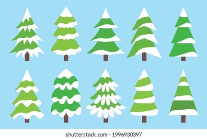 Christmas green trees set vector flat with snow. Stickers and labels. Room decoration, tableware decoration, childrens toys. Consisting of 3 parts. Holiday design elements. Wrapping paper for gifts.