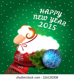 Christmas green vector background with ball, scarf and gingerbread. 2015. New Year.
