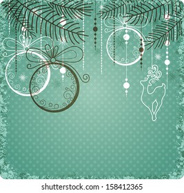 Christmas green vector background with decorations. Greeting card for Christmas.
