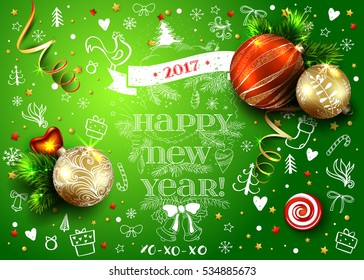 Christmas green vector card with realistic fir tree, balls, decorations and hand drawn elements.  2017 year of rooster. 3D. Bright winter baclground. Typography inscriptions.