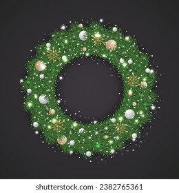 Christmas green wreath with balls and snowflake with snow and light.