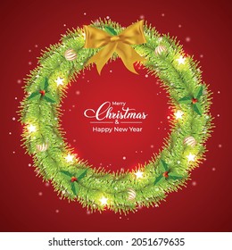 Christmas green wreath design with star-shaped decoration light balls. Green color wreath design with lights and red fruits. Christmas wreath design with calligraphy design and red color background.