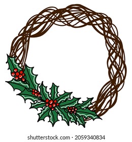 Christmas green wreath isolated on white background in doodle style