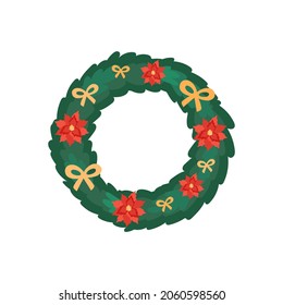 Christmas green wreath with Poinsettia, bows on abstract spruce branches. Classic decor element for New Year cards, banners, prints, isolated vector illustration.
