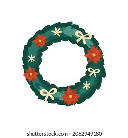 Christmas green wreath. Poinsettia, bows, flowers on abstract spruce branches. Elegant, classic decor element, isolated vector illustration for New Year cards, banners, print.