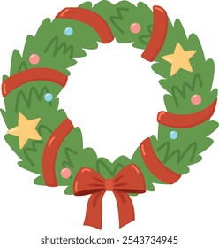 Christmas green wreath with red ribbon, bow, yellow stars and balls. Cute new year decoration