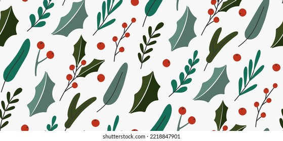 Christmas greenery seamless pattern with mistletoe, holly berry, fir tree branches. Winter botanical repeat vector background. Perfect for fabric, textile design, wrapping paper, wallpaper.