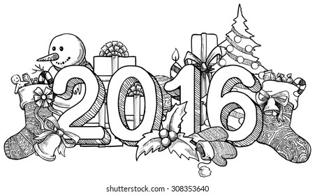 Christmas greeting, 2016 year with various objects, hand drawn, vector illustration