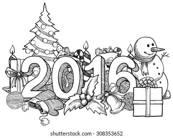 Christmas greeting, 2016 year with various objects, hand drawn, vector illustration