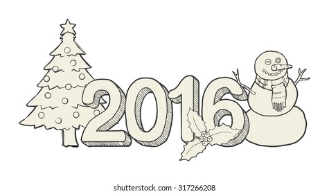 Christmas greeting, 2016 year with various objects, hand drawn, vector illustration