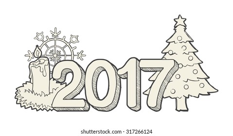 Christmas greeting, 2017 year with various objects, hand drawn, vector illustration