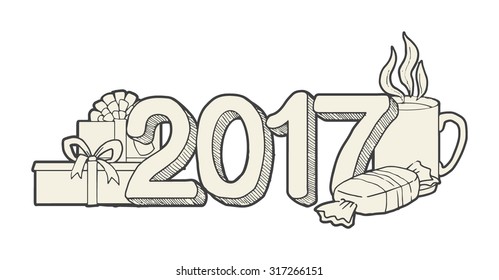 Christmas greeting, 2017 year with various objects, hand drawn, vector illustration