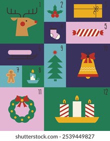 Christmas greeting advent calendar Template. Vector design with Christmas winter elements. Holiday surprise idea. 