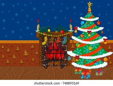 Christmas greeting background with place for your text. It can be used for New Year sale. Fireplace decorated with candle and holiday socks. Near there are Christmas tree and gift box.