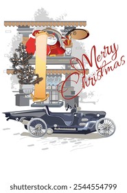 Christmas greeting background with Santa reading a big wish list in the window and a retro car. Hand drawn vector  illustration.