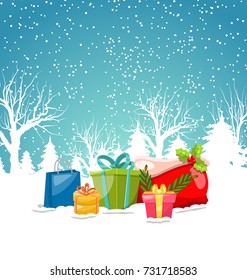 Christmas Greeting Background, Winter Landscape with Gift Boxes, Presents, Bag - Illustration Vector