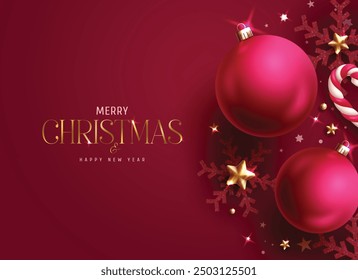 Christmas greeting balls vector design. Merry christmas and happy new year greeting text with glossy xmas balls, glitter snowflakes and stars decoration elements in red elegant background. Vector 