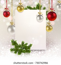 Christmas greeting banner with Christmas balls and a spruce branch on a pearly background