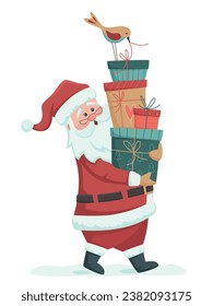 Christmas greeting banner with cute Santa Claus and gift boxes. Santa Claus brought gifts for Holidays. Christmas delivery concept isolated on white. Vector illustration in retro style