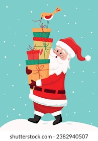 Christmas greeting banner with cute Santa Claus and gift boxes. Santa Claus brought gifts for Holidays. Christmas delivery. Vector illustration