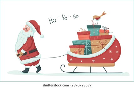 Christmas greeting banner with cute Santa Claus carrying sleigh with gift boxes. Santa Claus brought gifts for Holidays. Christmas delivery concept isolated on white. Vector illustration