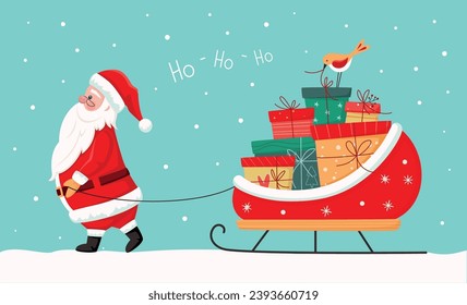 Christmas greeting banner with cute Santa Claus carrying sleigh with gift boxes. Santa Claus brought gifts for Holidays. Christmas delivery concept on snowy background. Holiday vector illustration
