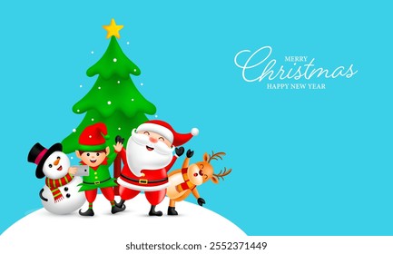 Christmas  greeting banner design. Merry Christmas greeting text with pine, santa claus, elf, snowman and reindeer characters.